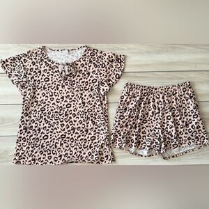 Wiholl Leopard Print 2 Piece Short & Shirt Set Beige Large EUC
